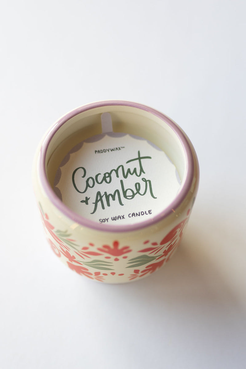 hand painted candle, coconut & amber